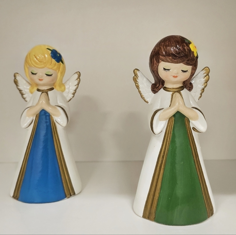 Vintage Homco Ceramic Angel Praying Figurines with Blue and Green Dresses